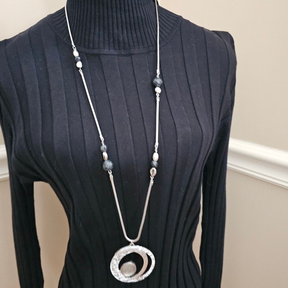 NEW WITH TAGS Chicos,Elegant Silver Pendent Necklace: Black Accents 32" Chain